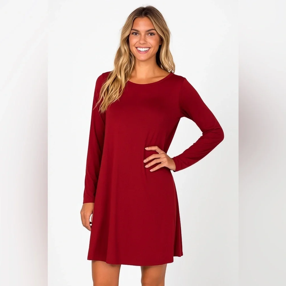 Eileen Fisher Dark Red Long Sleeve Jersey Dress Sz SP Minimalist Quietly Luxury